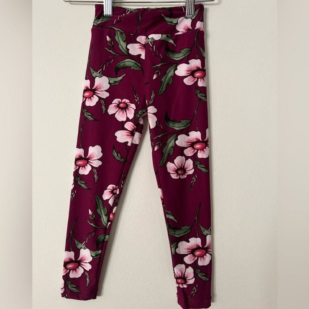 LulaRoe maroon with cream flower pattern leggings, MWOT, Beautiful, stretchy, 3T